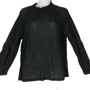 White Willow Top Women’s Medium Lightweight Frayed Shoulders Black Long Sleeve